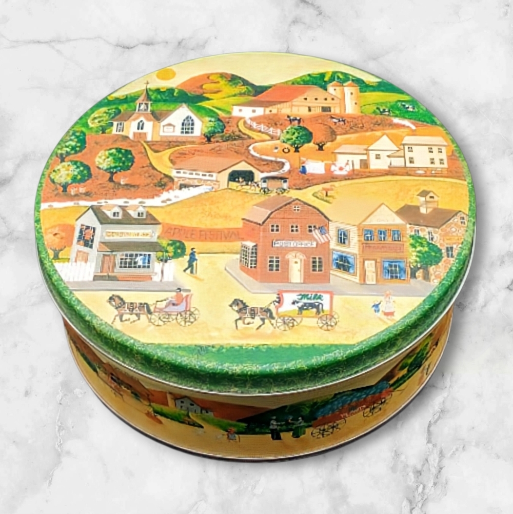 Vintage Steeltin Round Tin Folk-Art Style Scene Of 1800's Apple Festival